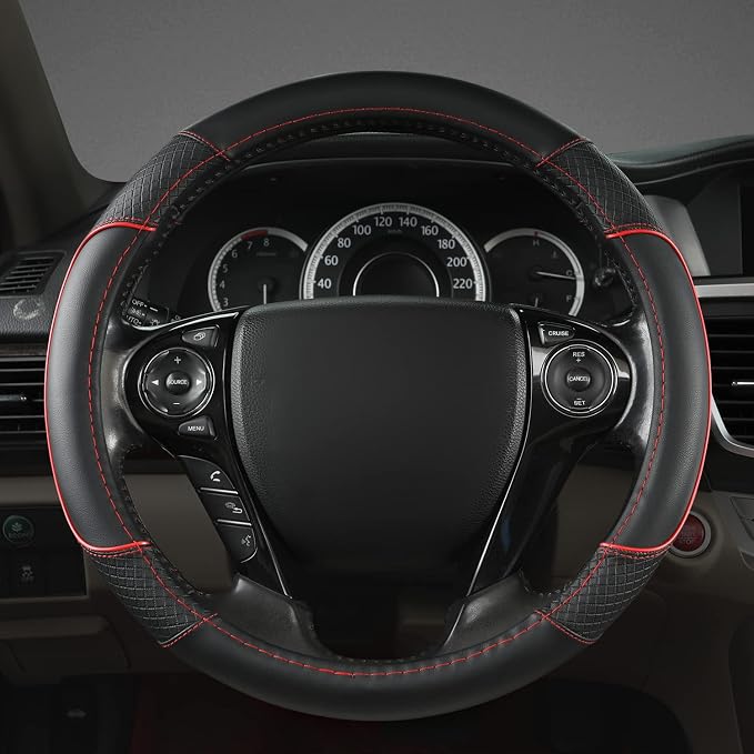 GIANT PANDA Microfiber Leather Steering Wheel Cover for Honda Accord,Civic,CR-V,HR-V,Pilot(Diamond-Pattern-Black+Red Line-Standard Size)