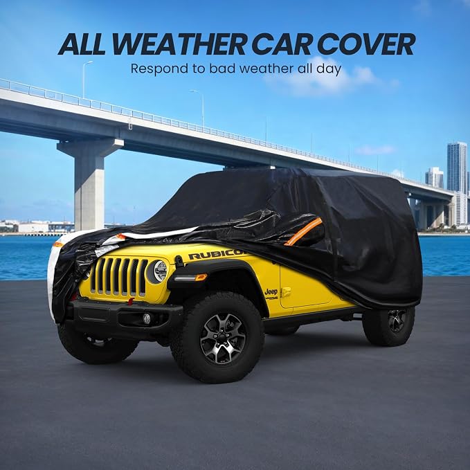 Multi-Layer Car Cover Custom Fit for Jeep Wrangler 2 Door CJ YJ JK JL(1987-2026), 100% Waterproof All Weather for Automobiles, Gift with Towel, Heavy Duty Car Covers for Rain Sun UV Protection.