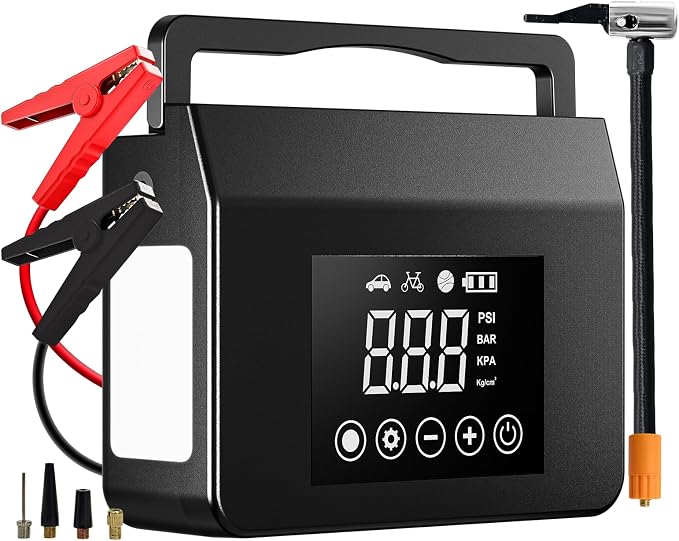 Hieha 4-in-1 Portable Jump Starter 4000A Peak 150PSI Digital Air Compressor | Digital Display, LED Flashlight, 12V, USB Charger, Cordless, Power Bank, Emergency Kit