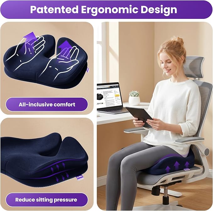 ZZ-WELL Seat Cushions for Office Chairs, Coccyx Cushion for Tailbone Pain, Memory Foam Butt Pillows for Computer Gaming Chair, Patented Pressure Relief Design Chair Cushion (Navy Blue, XX-Large)