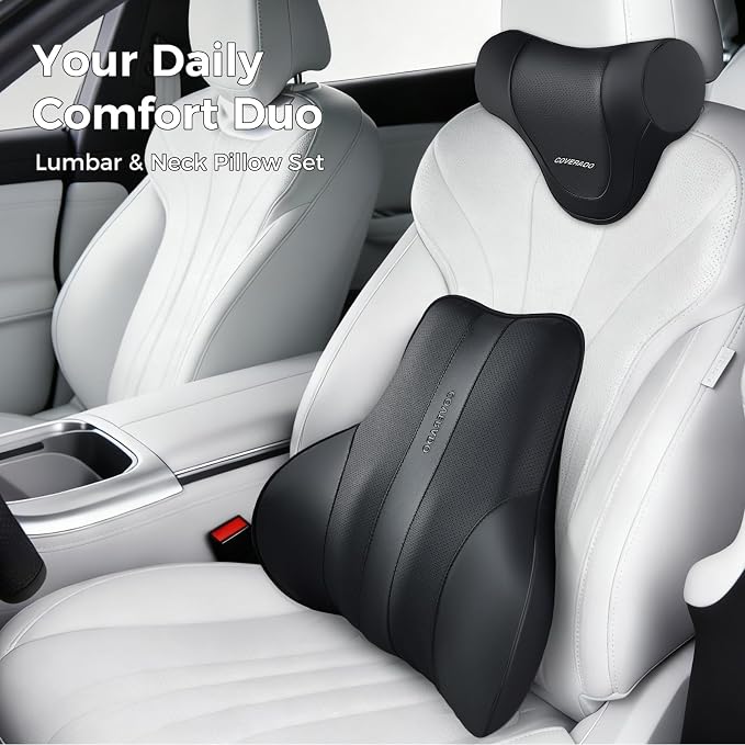 Coverado Lumbar Support Pillow for Car, Ergonomic Memory Foam Back Pillow for Office Chair, New Back Cushion for Pain Relief, PU Leather Car Lumbar Support for Driving Seat - BK
