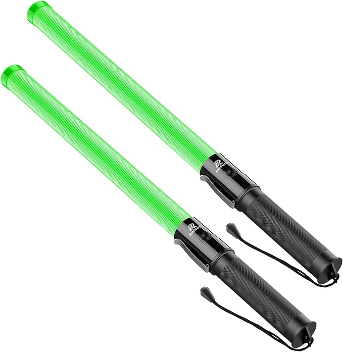 RoadHero 2 Pack 21 Inch Traffic Wands, Green Led Traffic Control Baton, Night Safety Light Wand with 2 Flashing Modes, Air Marshaling Signal Wand with Side Clip for Airport, Parking, Car Directing
