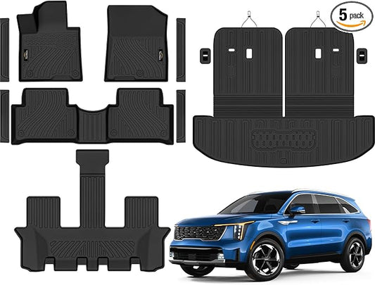 Floor Mats Custom Fit for Kia Sorento 2021-2025 2026 6&7 Seats (Not for Hybrid) Trunk Mat with Backrest Mat All Weather TPE Rubber Cargo Liner Back Seat Protector Full Set for Sorento Accessories