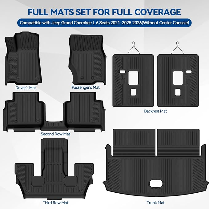 Custom Fit Floor Mats for Jeep Grand Cherokee L 6 Seats/Captain Seat 2021-2026(Without Center Console), All Weather TPE Floor Liners & Trunk Mat & Backrest Protectors, Full Set Accessories