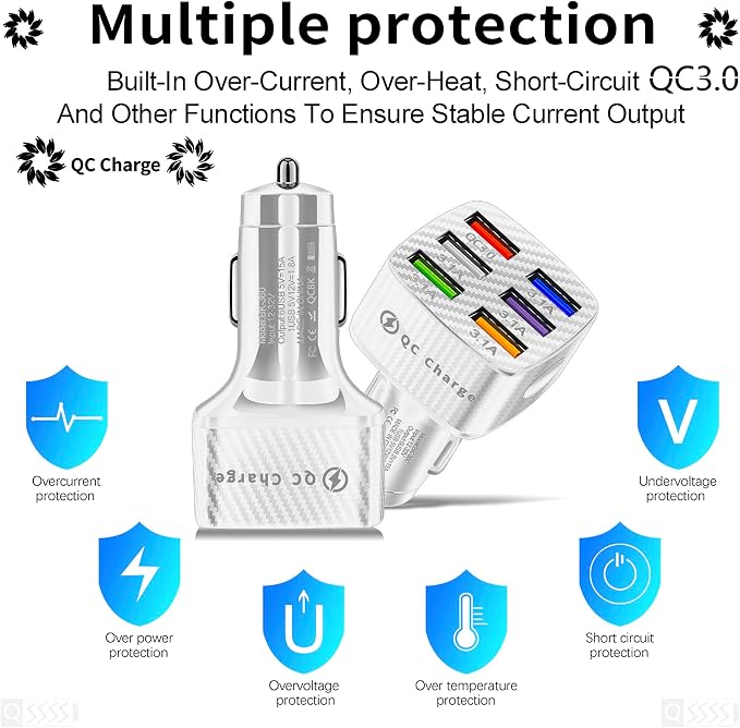Amiss Car Charger Adapter, 6 USB Multi Port, Fast Charger, Include QC 3.0 and 5 Other Ports, Car Interior Accessories, Fit for iPhone 17/16/15/14/13Pro Max, Samsung, Android (White 2pcs)