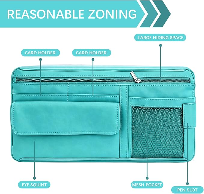 Car Sun Visor Organizer, Visor Accessories, Leather Sunvisor Pocket Organizer Case with Multi-Pocket Net Zipper, Waterproof Auto Sunshade Organizer Bag for Card Pen Sunglasses Document (Blue)