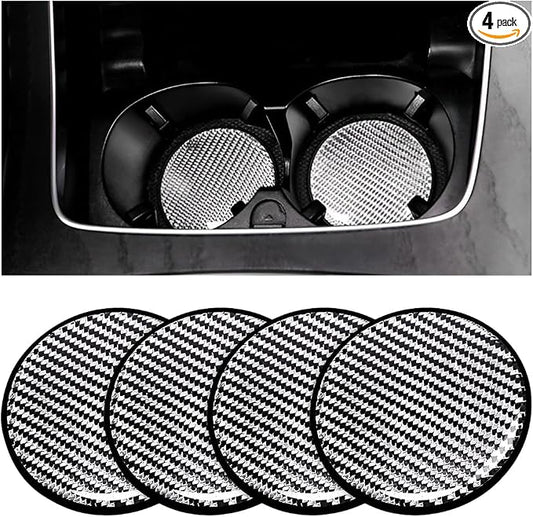BESULEN Car Cup Holder Coaster, 4 PCS Carbon Fiber Non-Slip Embedded Coasters, Universal 2.75 Inch Cup Holder Insert Coaster Pad, Sports Racing Durable Drink Mat, Car Interior Accessories
