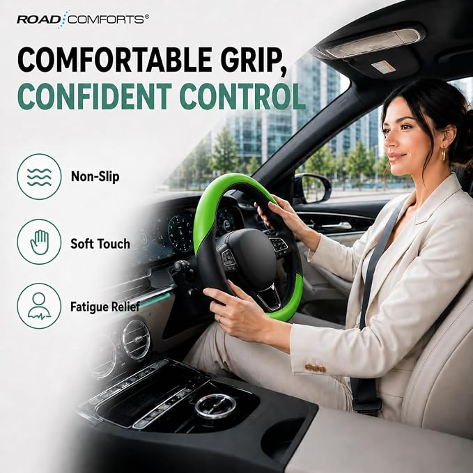 Road Comforts Steering Wheel Cover – Breathable Leather Steering Wheel Cover, Anti-Slip Grip, Universal Fit 14.5” to 15”, Heat & Cold Resistant for Cars, SUVs, and Trucks – Black & Shining Green