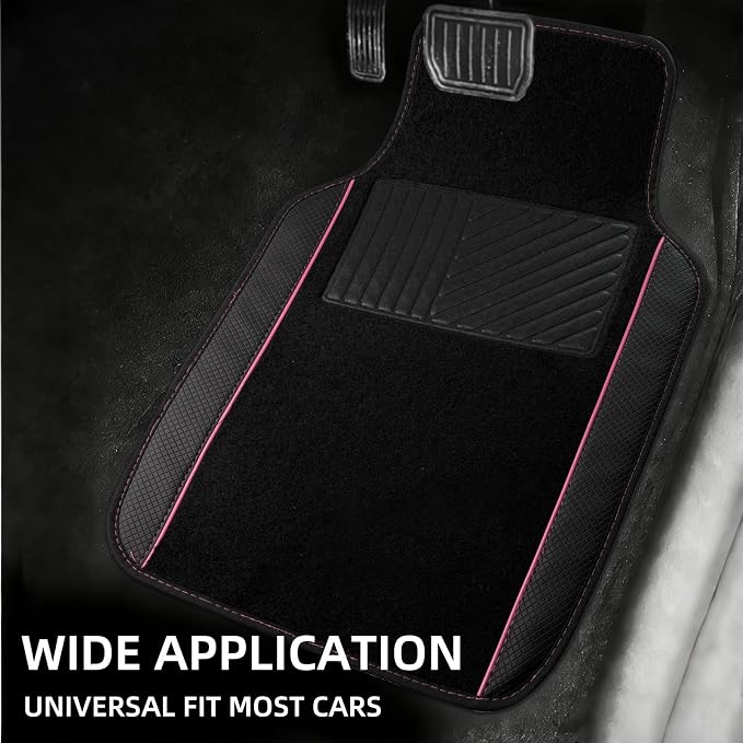 NBTEPEM Waterproof Universal Fit Car Floor Mats, Faux Leather Sporty Car Carpet Mats with Anti-Slip Nibbs Backing & Driver Heel Pad Fit for SUV, Vans, Sedans, Trucks, Set of 4 (Black with Pink line)