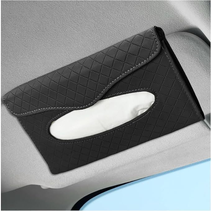 Car Tissue Holder, Auto Sun Visor Napkin Holder Hanging Paper Towel Dispenser with Tissue Refill, Easy Access Leather Paper Towel Storage Case for Most Vehicle Visors (Black)