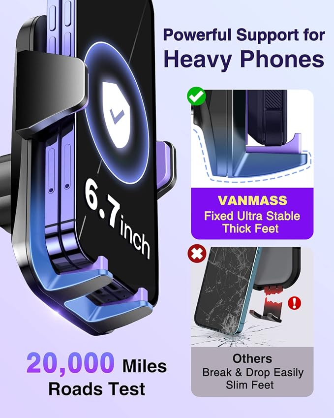 VANMASS【85+LBS Strongest Suction & Military-Grade Ultimate Car Phone Mount【Patent & Safety Certs】 Cell Holder Truck for Dash Windshield Vent for iPhone 17 Pro Max Automobile Accessory Kits,Purple