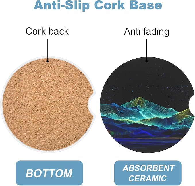 2 Pack Car Cup Holder Coaster, 2.63 inch Anti Slip Insert Absorbent Ceramic Car Coaster with Cork Base and Finger Notch, Cute Car Accessories Interior for Women, Cute Car Coasters.