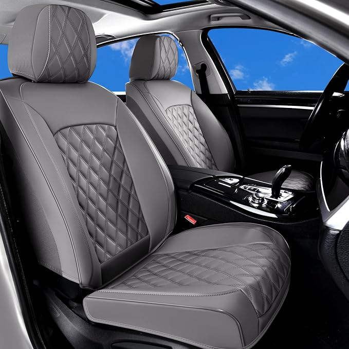 Huidasource Gray Front Seat Covers, Car Seat Covers Front Seats Nappa Leather, Side Elastic Fabric, Compatible with Airbags, Seat Belts, Universal Fit for Most Cars Vans Trucks SUVs (Front Pair/Gray)