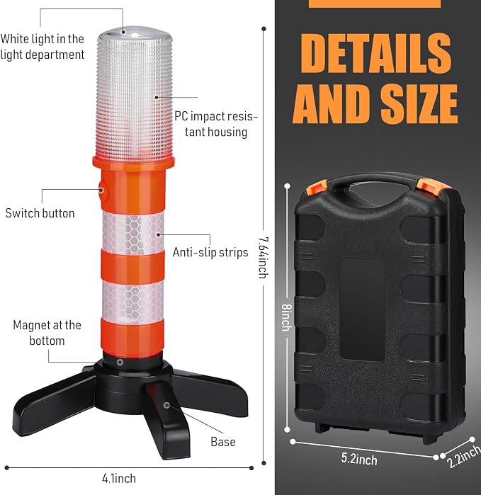 Leumoi 8 Pack Road Flares Emergency Kit LED Roadside Warning Lights Bright Red Highway Flares Lights for Vehicles Road Safety Strobe with Magnetic Bases Detachable Stands Storage for Car Truck