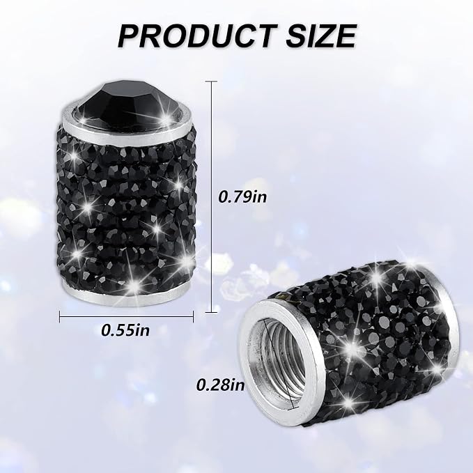 Alpmosn Car Wheel Tire Valve Caps, 4 PCS Bling Tire Valve Caps, Crystal Tire Caps Shinny Rhinestone for Women, Universal Car Dustproof Tire Valve Caps for Cars, Trucks, SUV and Motorcycles (Black)
