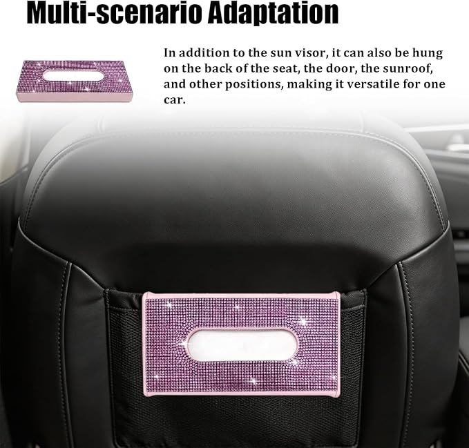 Bling Car Visor Tissue Holder, Shiny Rhinestone Leather Sun Visor Napkin Mask Case Holder Clip, Diamond AUT Paper Tissue Towel Box Dispenser, Universal Fit (Pink)
