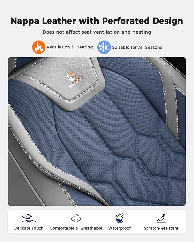 Huidasource Car Seat Covers, Universal Fit for Cars SUV Trucks, Gray&Blue | Full Coverage Leather Seat Cover, Airbag, Cupholder Compatible, Seat Function Retain, Easy Install with Velcro