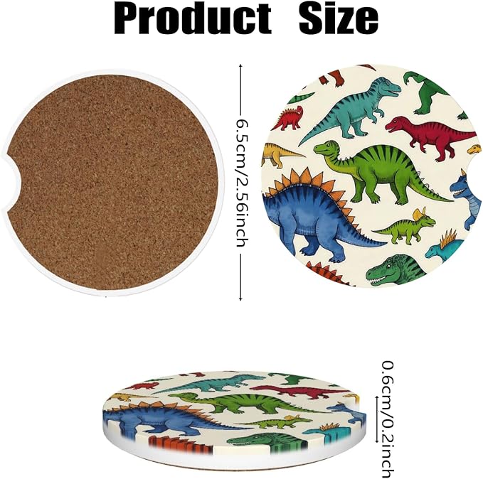 Ceramic Car Cup Coasters 2PCS - Colorful Dinosaur | with Cork Back & Finger Slot, Anti-Slip Shock Absorbing, Universal Car Interior Accessories for Men Women