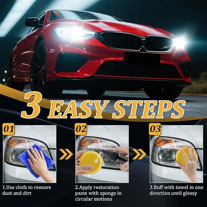 Headlight Cleaner & Restoration Kit - Professional Headlight Lens Cleaner & Restorer for Yellowed, Oxidized & Hazy Headlights Instantly Restores Clarity & UV Protection for All Car Headlamp