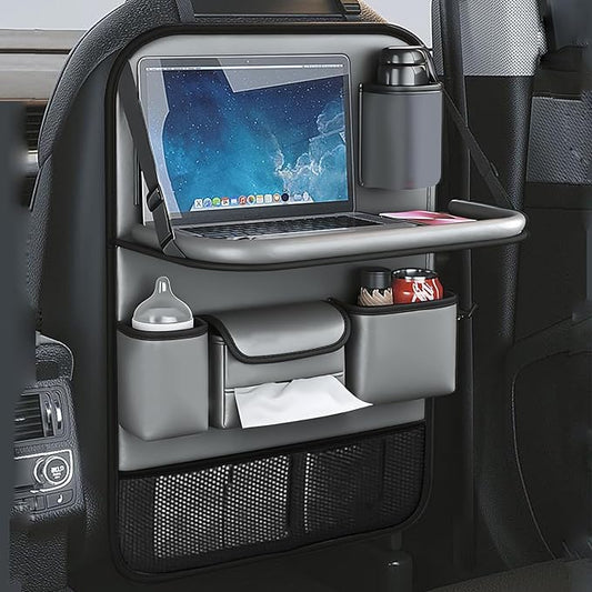 Leather Car Seat Back Organizer with Foldable Tray Table, Backseat Car Organizer with Tablet Pocket, Cup Holders, Tissue Pocket, Mesh Pockets, Kick Mat, Gray, 1 Pack
