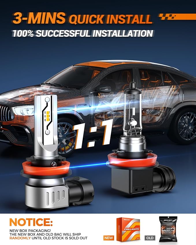 SEALIGHT H11 LED Fog Light Bulbs Yellow, 12000LM H8 H16 H11 Yellow LED Fog Light Bulb 600% Brightness, 1:1 Size 100% Successful Installation for Trucks Cars, 3000K Amber Yellow, Pack of 2