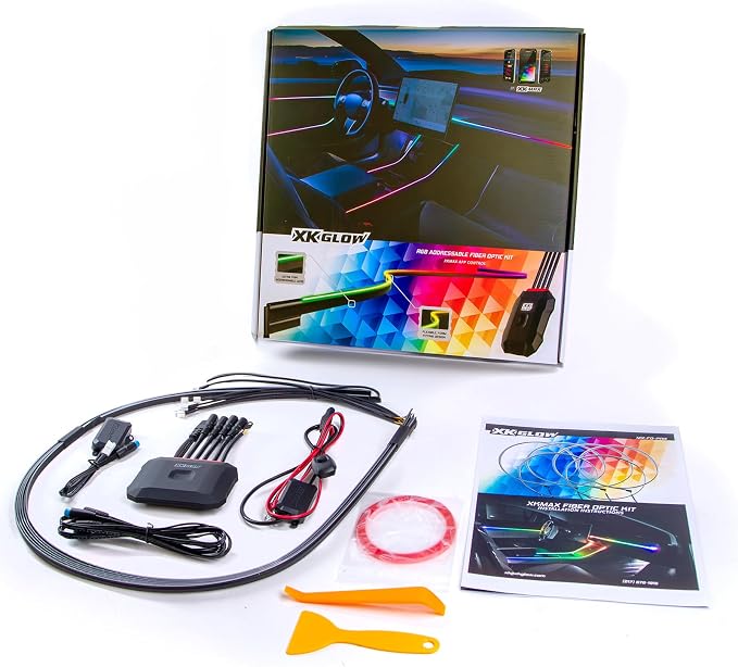 XKmax RGB Fiber Optic LED Interior Ambient Light Kit for Car & Truck | Color Chasing | App-Controlled (2pc 30" Strips + 4pc 43" Strips)