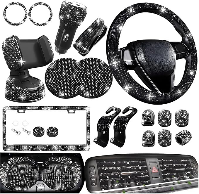 27PCS Bling Car Accessories Set for Women, 14.5-15" Rhinestone Steering Wheel Cover Cup Coaster, USB Charger Phone Holder Headrest Hook, Diamond Auto Interior Decor, Universal Fit (Black)