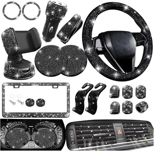 27PCS Bling Car Accessories Set for Women, 14.5-15" Rhinestone Steering Wheel Cover Cup Coaster, USB Charger Phone Holder Headrest Hook, Diamond Auto Interior Decor, Universal Fit (Black)