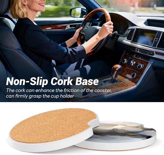 2 Pack Ceramic Car Coasters for Cup Holder, 2.56 in Anti Slip Absorbent Coaster with Cork Base and Finger Notch, Funny Cute Car Accessories for Women, Black Stone