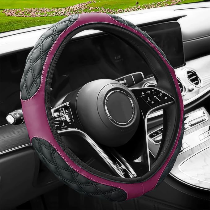 15 Inch Leather Steering Wheel Cover, Automotive Accessories Breathable Anti-Slip Elastic Soft Wheel Protector, Fit for Most SUVs Trucks and RVs (Purple)