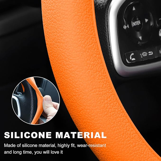 DXNQ Car Steering Wheel Cover, 13 to 14.17 inches Anti-Slip Silicone Steering Wheel Protector, Soft Flexible Shock-Absorbent Steering Wheel Protective Cover for Most Car Models (Orange)