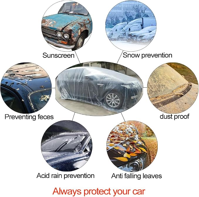 4 Packs Disposable Car Cover Clear Plastic Car Cover Universal Rain Dust Garage Cover with Elastic Band Medium (15.7FT x 24.6FT)