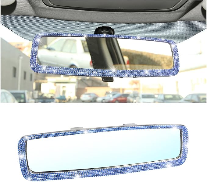 Osilly Bling Car Rearview Mirror, Decorations Rear View Mirror with Crystal Rhinestones & Diamonds, Car Interior Trim Accessories, Clip-on & HD Glass, Sparkly Gift for Mother Women Girls (Blue)