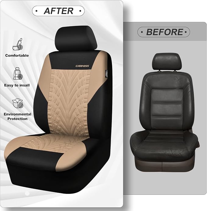 CAR PASS Car Seat Covers Two Front Only for Car, 3D Tyre Print Automotive Interior Covers, Airbag Compatible, Quick Setup Universal Fit Seat Covers for Car, Truck, SUV(Black and Beige)
