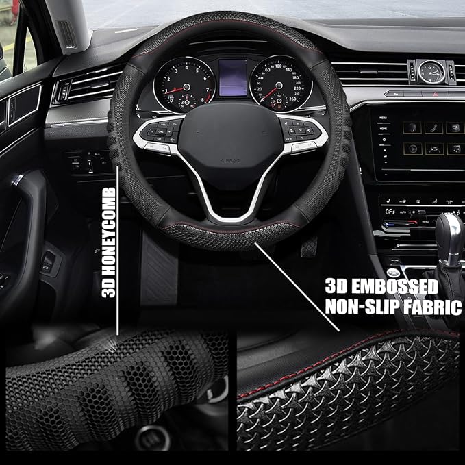 Osilly Car Steering Wheel Cover, Anti-Slip Leather Breathable Comfortable Automotive Steering Wheel Cover Protector Decoration for Men and Women, 15 Inch Universal for SUV, Truck, RV（Black）