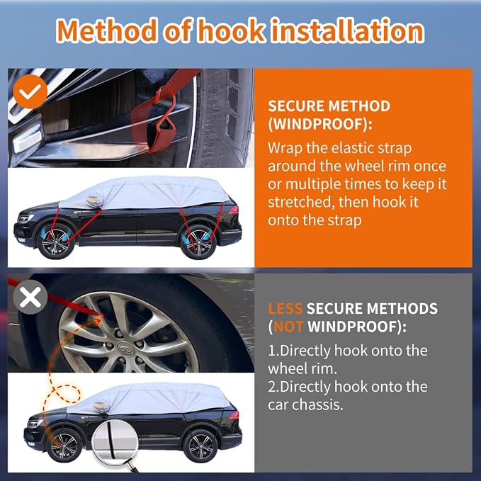 Half Car Cover, Windshield Cover for Ice and Snow with Cotton Liner, Car Cover Waterproof All Weather for Snow, Sun, Rain, Dust, UV Protection Fit SUV L