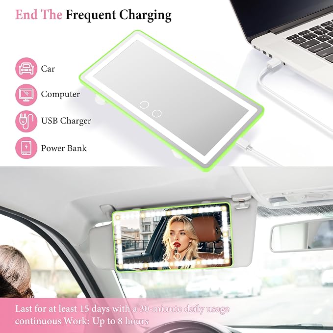 SINGARO Car Sun Visor Vanity Mirror - Rechargeable Makeup Mirror with 60 LEDs, 3 Light Modes & Dimmable Touch Control for Cars, Trucks, SUVs, Car Interior Accessories for Women (Green)