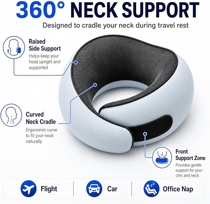 Travel Neck Pillow for Airplanes, Pure Memory Foam Neck Pillow with Washable Cover and Storage Bag, Ergonomic 360° Support for Sleeping, Car, Office, Home, Black
