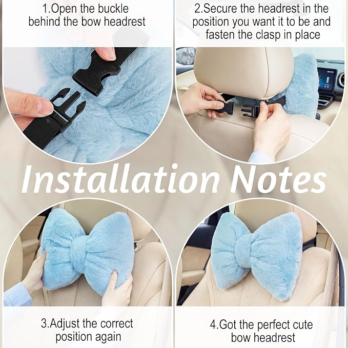 Macarrie 2 Pcs Blue Car Neck Pillow Imitation Rabbit Fur Bow Pillow | Soft Comfortable Seat Headrest Support, Cute Bow Car Accessories, Driving Travel Driver Chair Girl Interior Decor, Solid