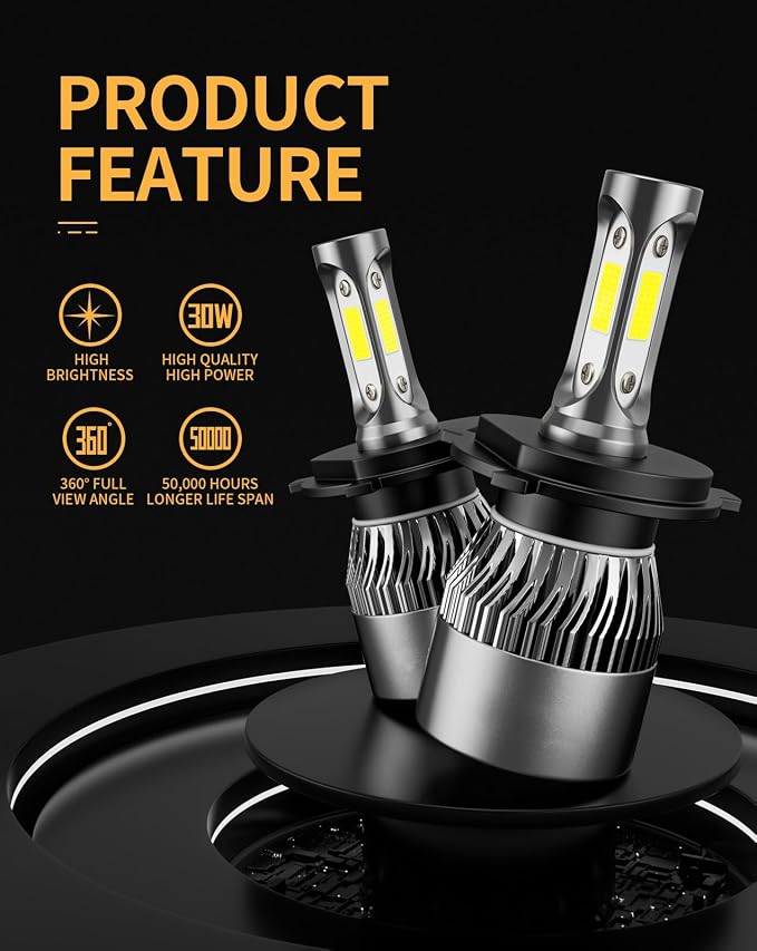 𝖧𝟦/𝟫𝟢𝟢𝟥/𝖧𝖡𝟤 Bulb 6500K Cool White 60000LM 900% Brighter, 1:1 Beam Plug and Play IP68 Waterproof Off-Road Lights, Pack of 2