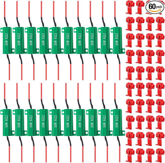 Xuhal 20 Pack 50W 6ohm Load Resistor Turn Signal LED Kit Fix Fast Flash Blink Error Code Flickering Resistor for LED Lights Bulb Headlights Tail Light License Plate DRL(Green)