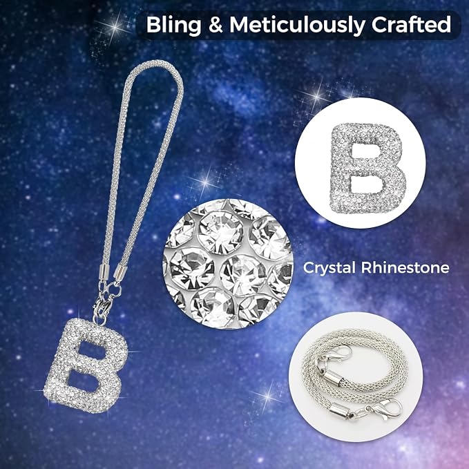 Bling Car Accessories for Women Letter Charm, Rear View Mirror Ornament Cute Hanging Crystal Pendant Girl Car Decorations, Lucky Diamond Rhinestone Girly Charm Interior (White B)