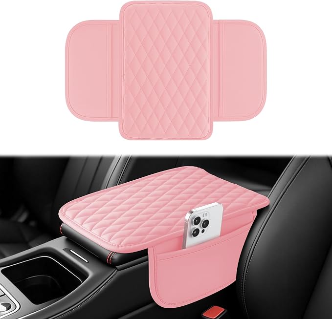 Amiss Car Center Console Cover, Upgraded Leather Car Armrest Cushion with 2 Storage Pockets, Universal Waterproof Cushion Pad, Non-Slip Car Interior Accessories, Fits Most Sedans SUVs Trucks (Pink)