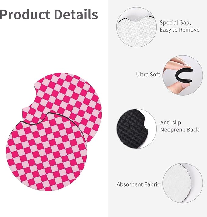 Pink Checkered Steering Wheel Cover - Pink Checkered Steering Wheel Cover Anti-Slip Breathable for 15 in Universal 2 Pcs Car Interior Cup Holder Pad for Men Women
