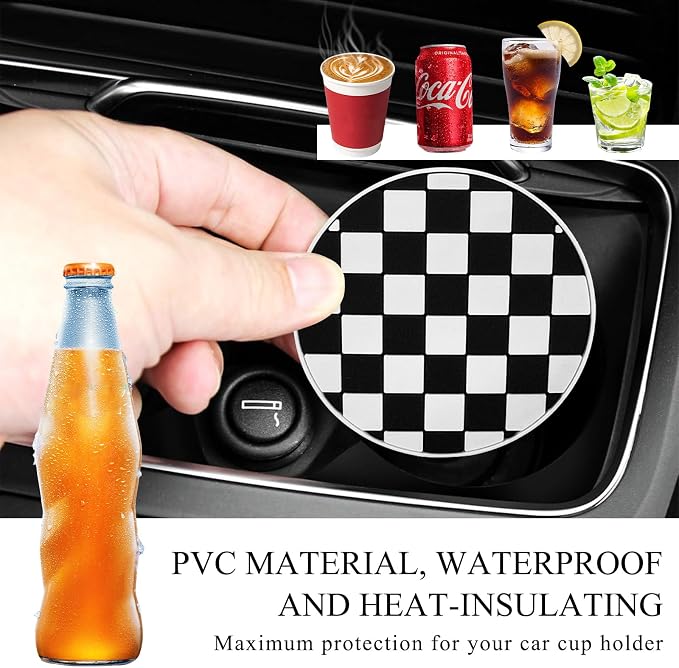 DXNQ 4 PCS Car Cup Coasters, 2.76 Inch Anti-Slip Checkered Vehicle Cup Holder Insert Coasters, Auto White & Black Drink Cup Mats for Front Console Cup Holders, Car Accessories (Checkerboard)