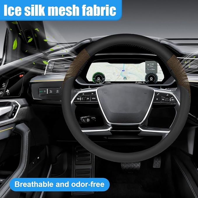 Car Steering Wheel Cover, 15" Breathable Microfiber Leather Ice Silk Mesh Wheel Wrap, Warm in Winter & Cool in Summer, Comfortable Anti-Slip Auto Interior Decorative Protector(Coffee)