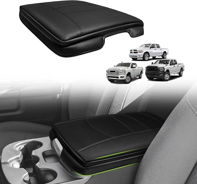 Muslogy Center Console Armrest Cover Fit for Dodge Ram1500 2013-2018 & Ram2500/3500 2013-2026 Accessories, Comfort Armrest Pad Console Lid Cushion Vegan Leather 1-Inch Extra Thick(Jump Seat ONLY)