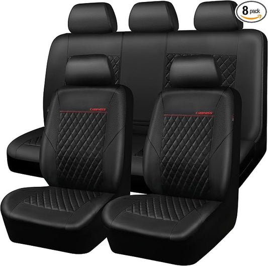CAR PASS Quilting Faux Leather Seat Covers Full Set, Waterproof Deluxe Premium Seat Cover with 5mm Composite Sponge Inside, Airbag Compatible Auto Seat Cover Universal Fit for 95% Sedan SUV Van, Black