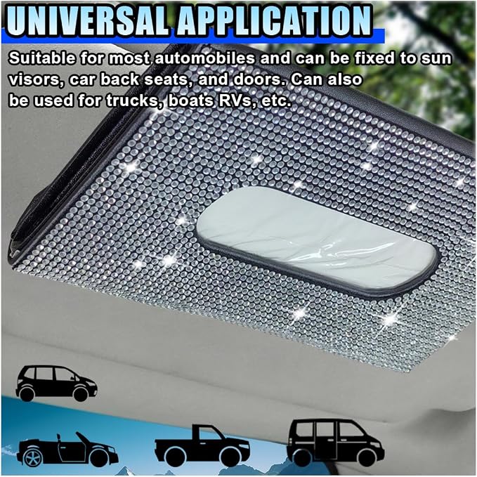 Bling Car Sun Visor Tissue Box Holder, PU Leather Auto Paper Towel Cover, Glitter Crystal Rhinestone Napkin Holder, Car Decoration Accessories for Women (Black/White)