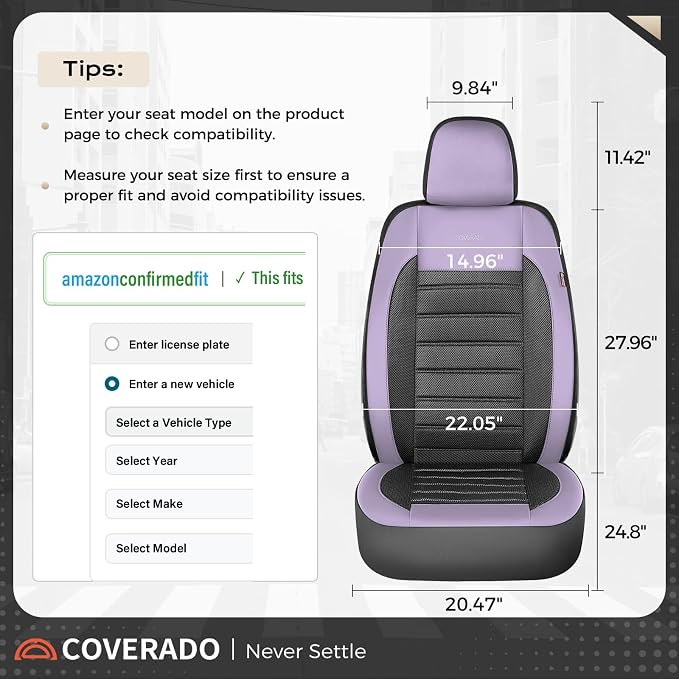 Coverado Car Seat Covers Full Set, Luxury Leather Car Seat Covers, Automotive Front and Rear Mesh Seat Covers, Full Set 5 Seats, Purple&Black Seat Covers for SUV Sedan Truck
